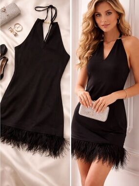 Black Feather-Hem Halter Mini Dress